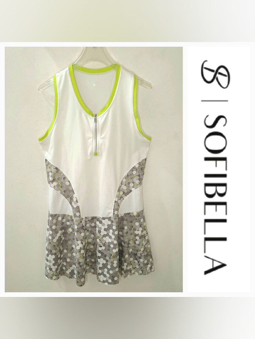 Sofibella Active Tennis Dress White Lime Geometric Honeycomb Sz S